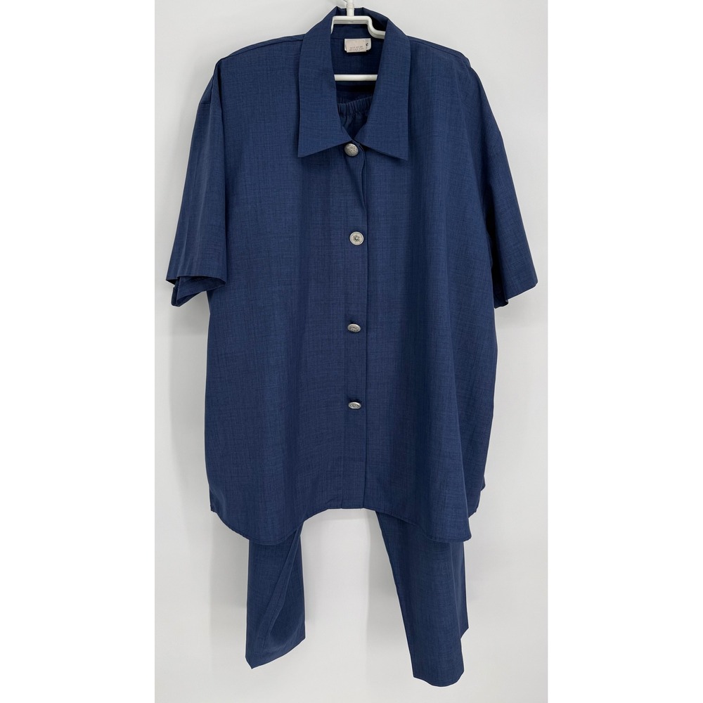 Ivy Rose Navy Blue Textured 2-Piece Pant Set Sz 28W Short Sleeve Button Top
